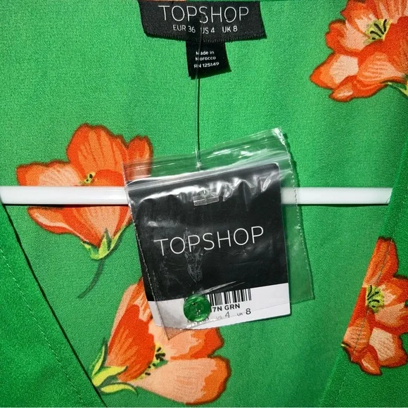 &Topshop green with orange flowers floral top blouse shirt with tie front new 4 - Picture 6 of 10